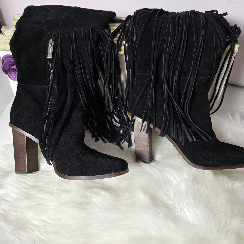 Jessica Simpson Asire Black Suede Fringe Knee High Boots 7.5 Block Heel Western - Picture 14 of 14